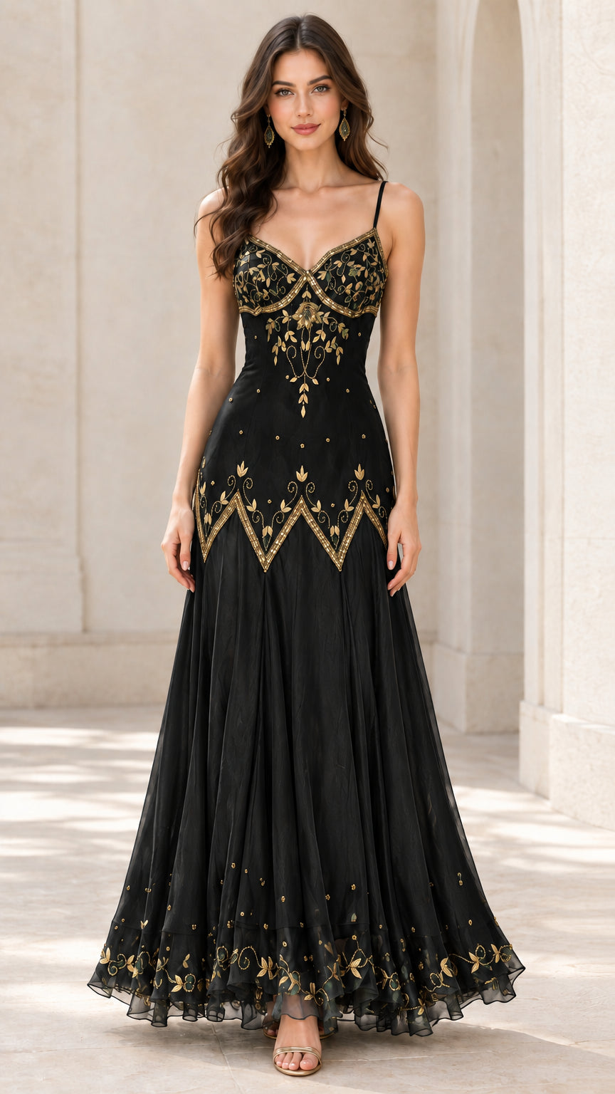 Front view of woman in black embroidered sweetheart maxi evening gown
