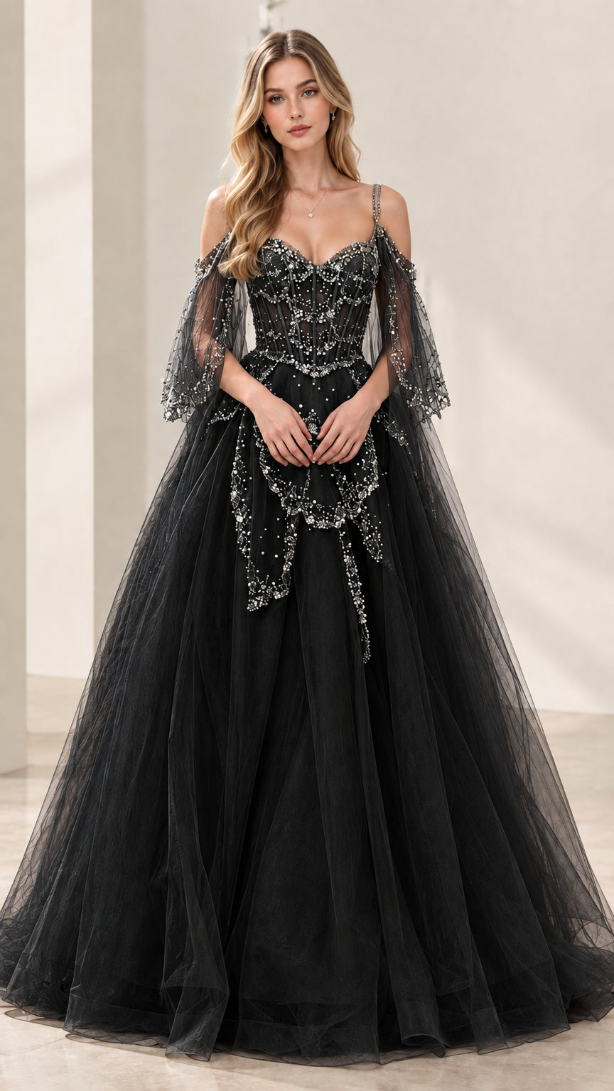 Black embroidered corset tulle evening gown with sheer flutter sleeves