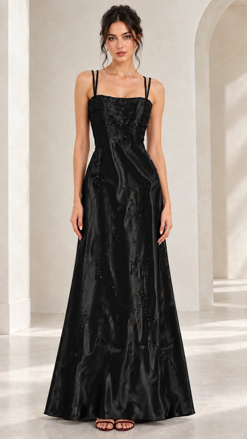 Front view of black double strap beaded satin A-line maxi evening gown