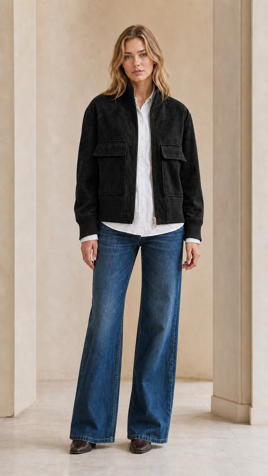 Full front view of model wearing black faux suede bomber jacket