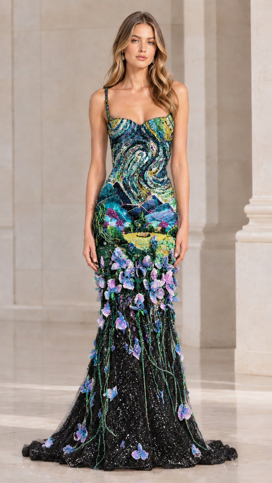 Black version of impressionist 3D floral appliqué mermaid formal dress