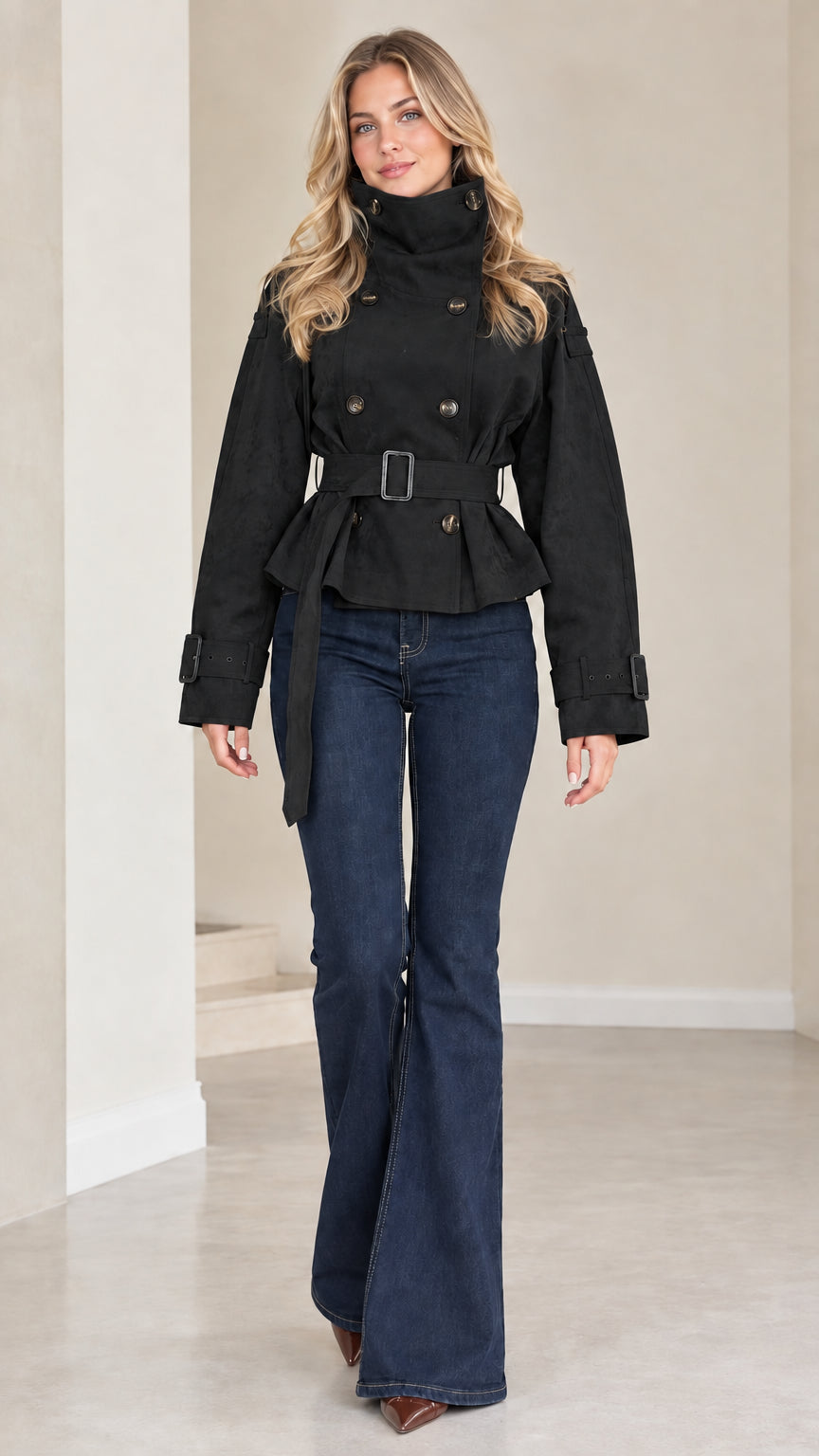 Front view of model wearing black high neck belted cropped trench jacket