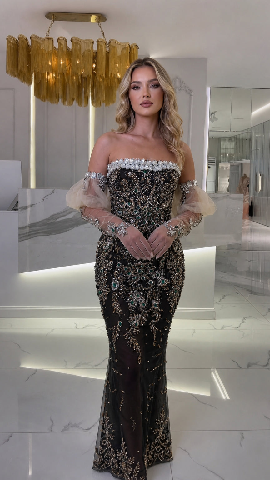 Black crystal embellished off-the-shoulder mermaid formal dress
