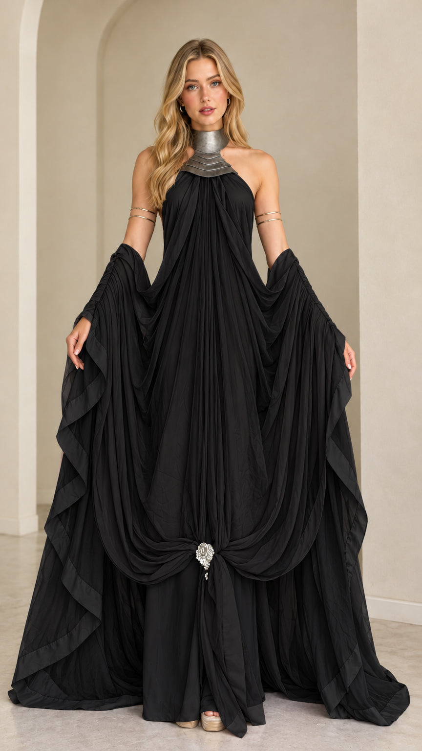 Front full view of draped halter maxi dress in solid black
