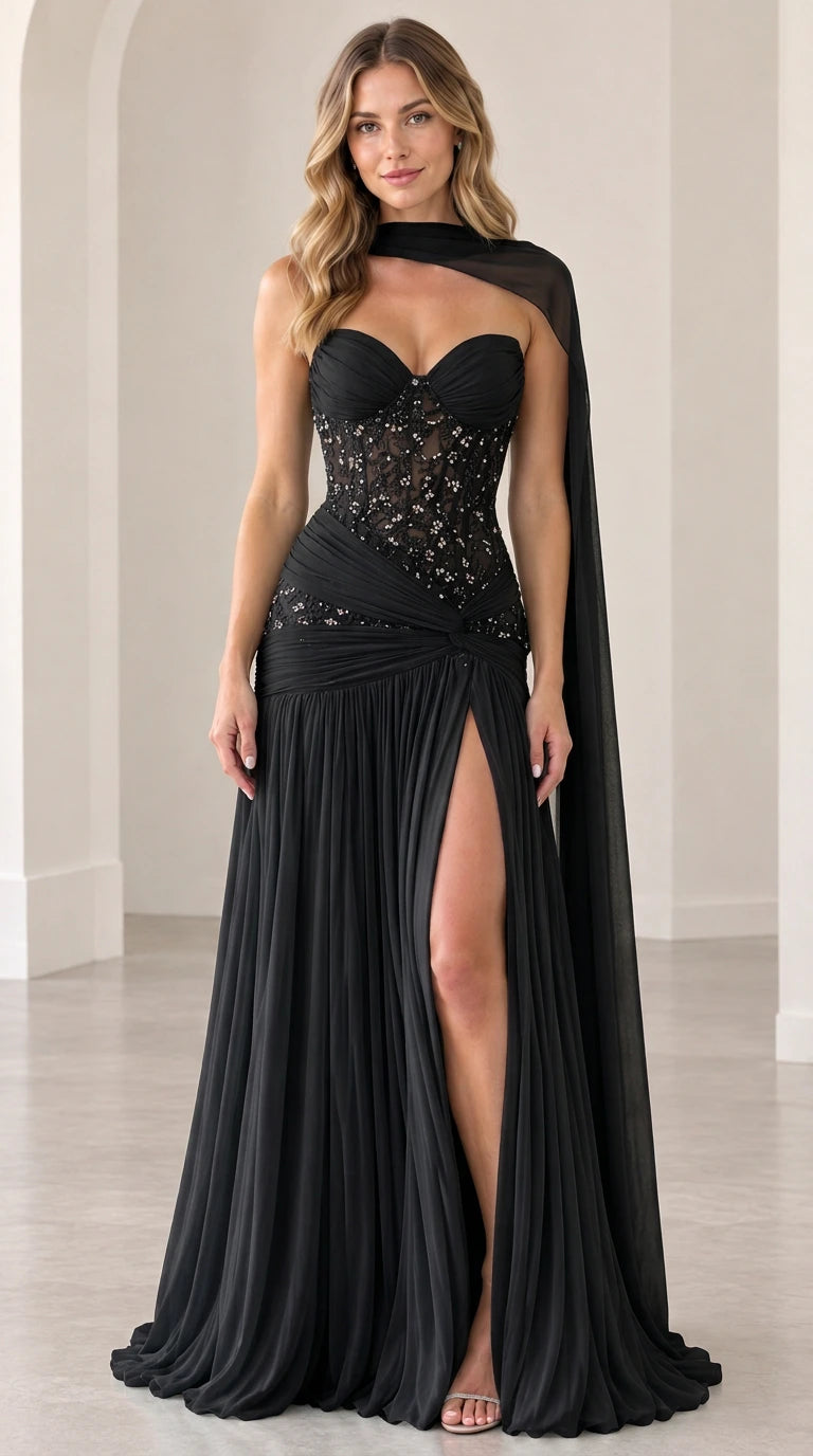 Front view of black strapless evening gown with sparkling beaded corset and matching neck scarf
