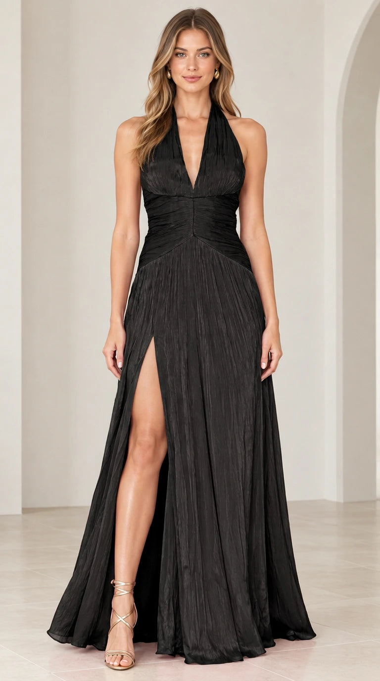 Full front view of the halter neck pleated maxi evening gown in classic black