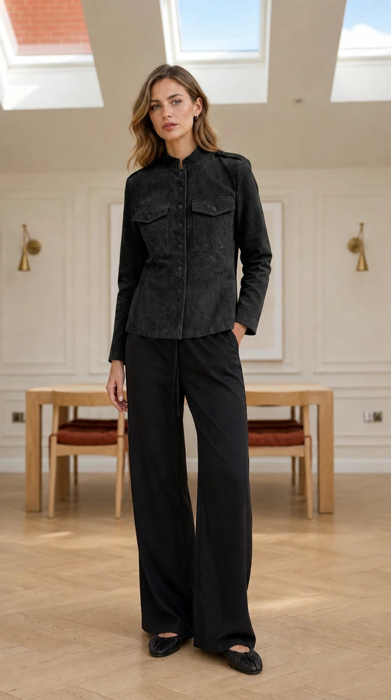 Model wearing black faux suede button-up utility jacket with black wide-leg trousers