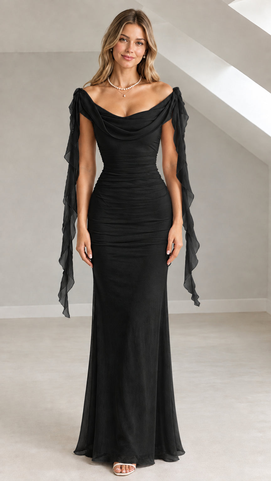 Front view of a model wearing a black off-the-shoulder ruched evening gown with cascading sleeves