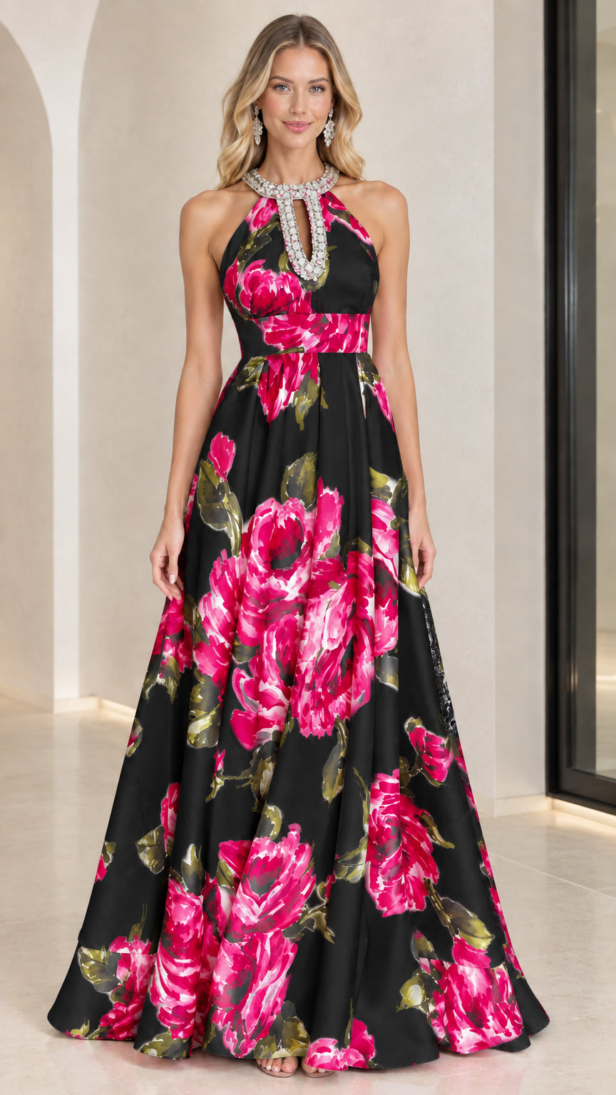 Full-length view of black floral print halter evening gown with rhinestone embellishment