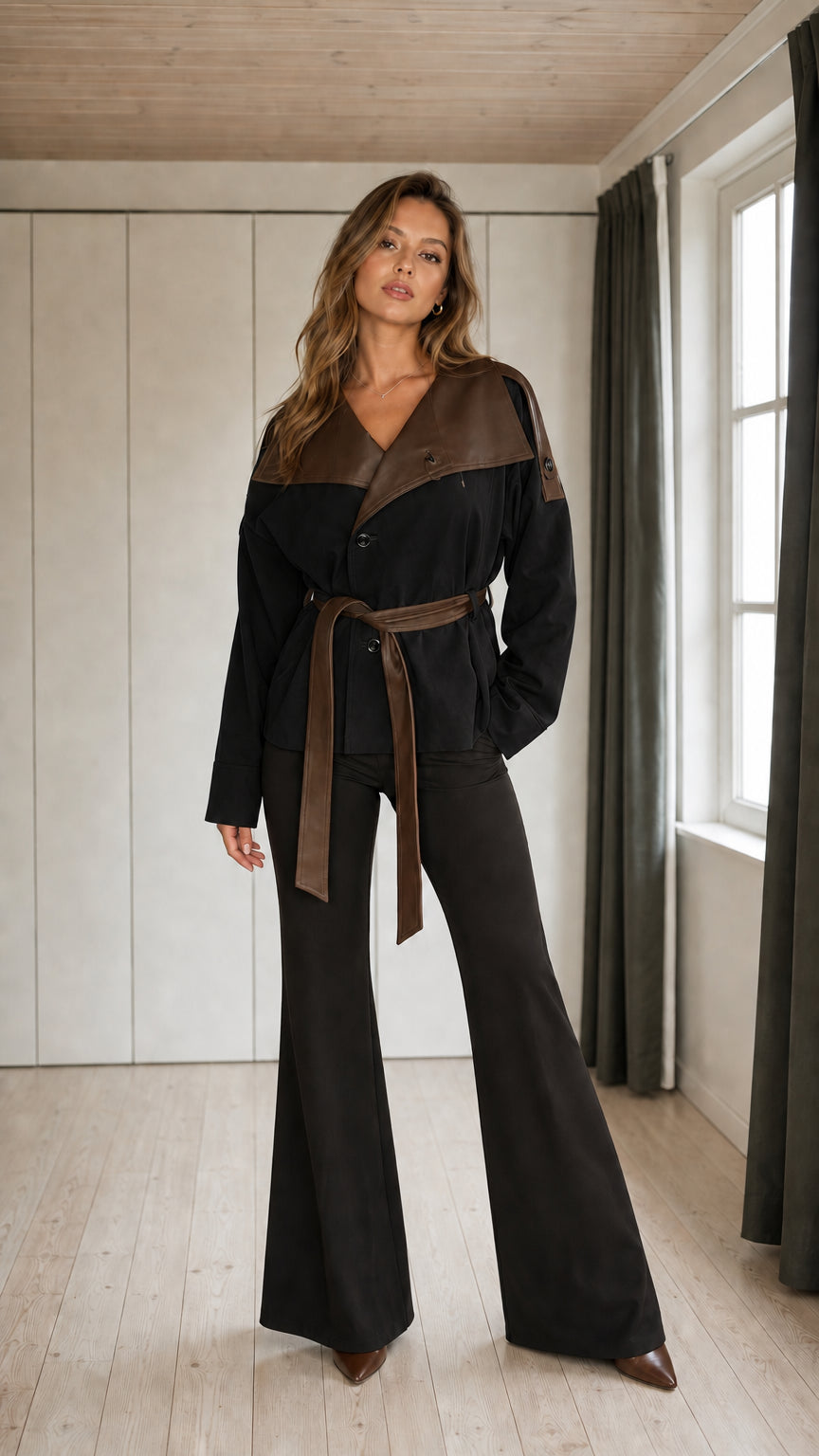 Model wearing black short belted trench jacket with contrast brown leather collar