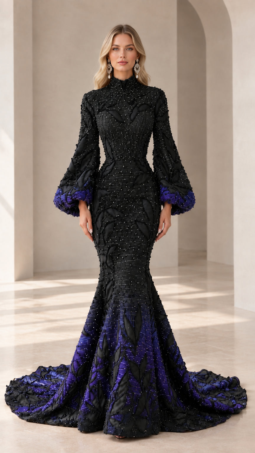 Midnight black and navy ombré beaded high-neck lantern sleeve mermaid gown