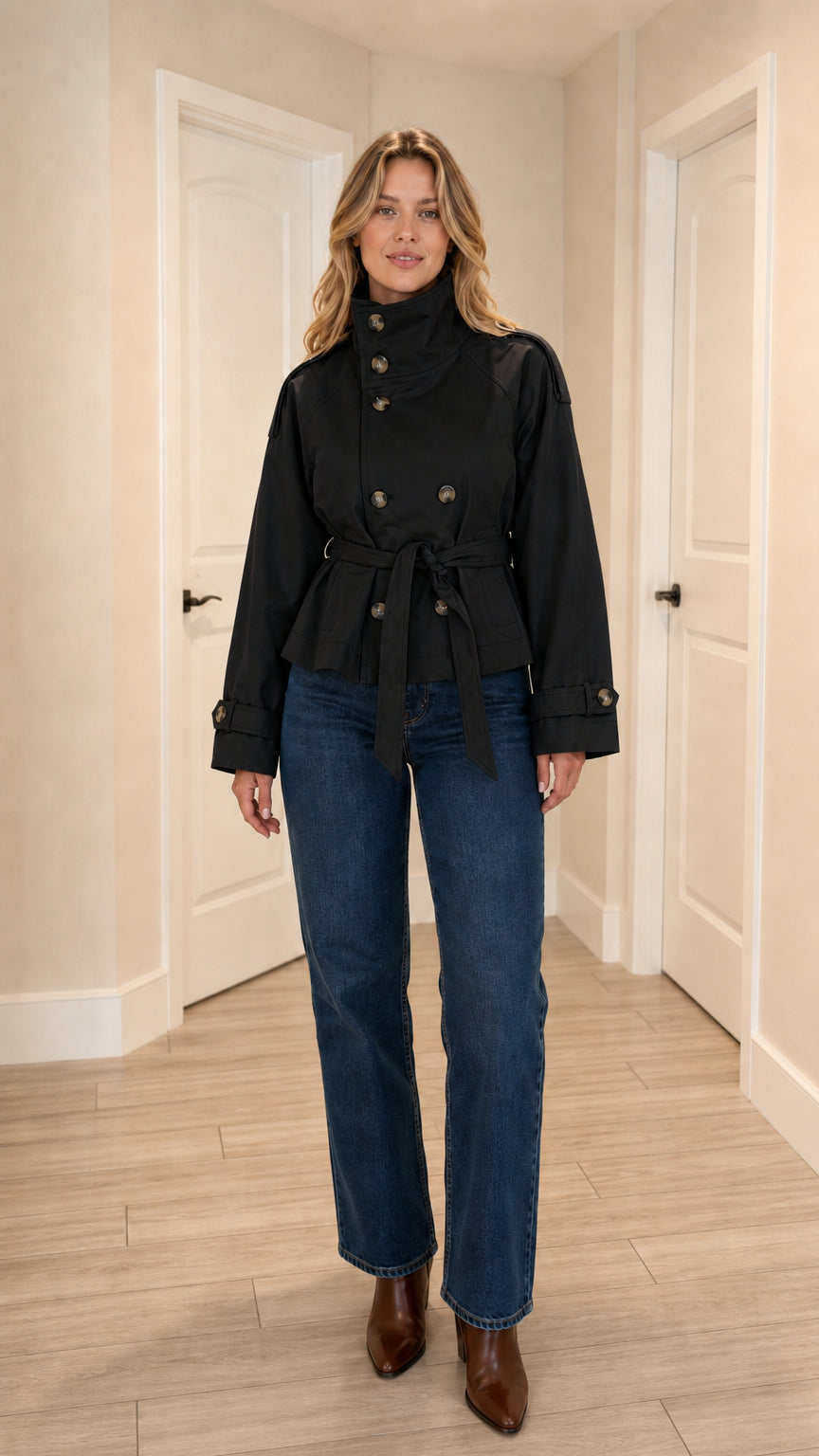 Black cropped belted trench coat with high collar on female model