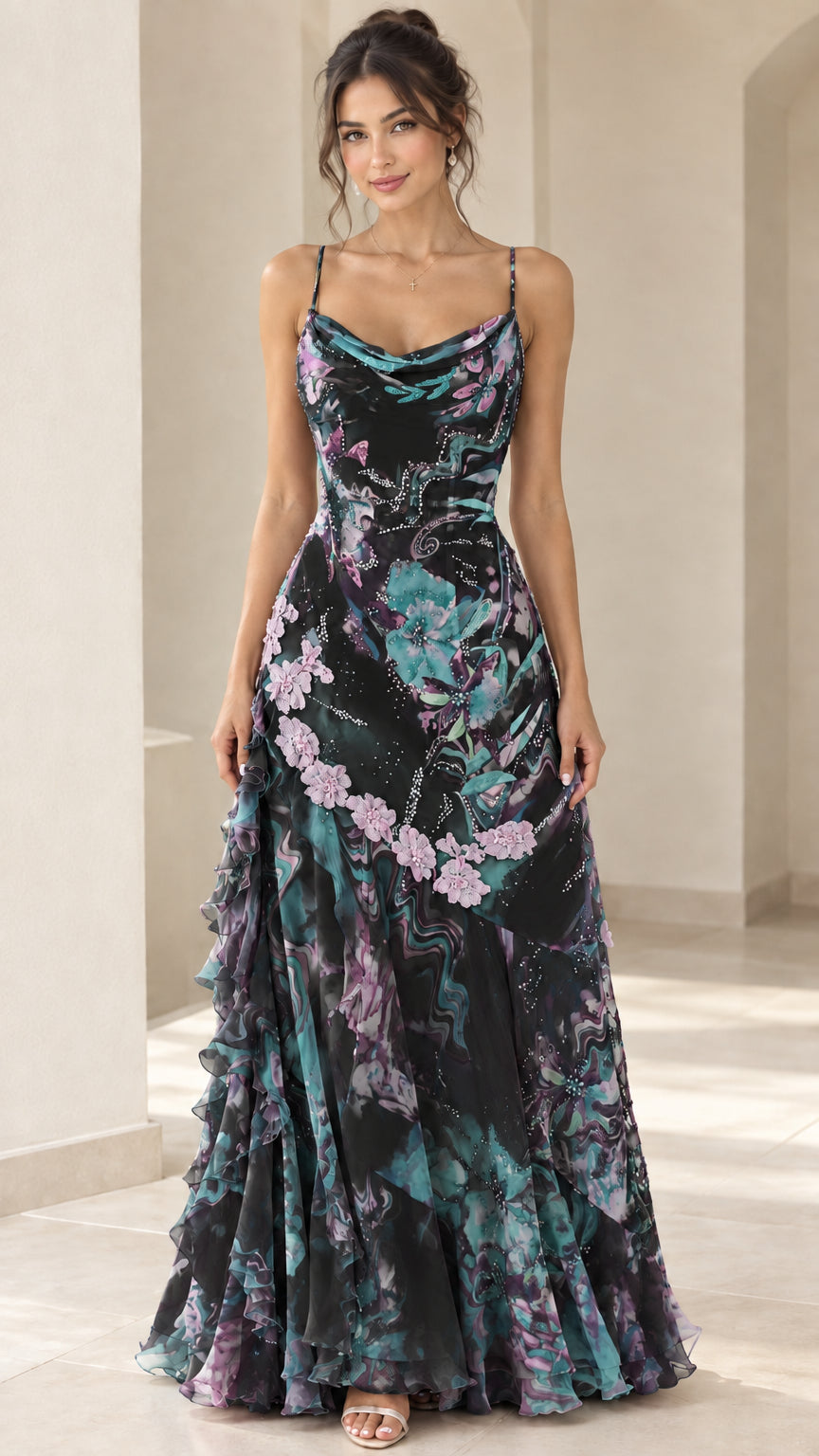 Front view of black multicolor floral print cowl neck maxi dress on model