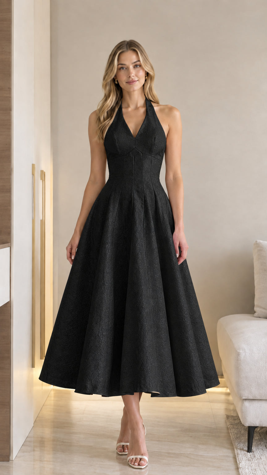 Front view of model wearing black halter V-neck jacquard A-line midi dress