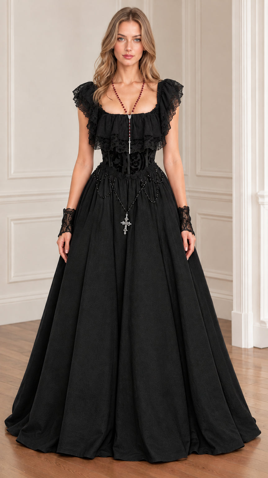 Woman wearing black gothic Victorian ruffle lace maxi ball gown