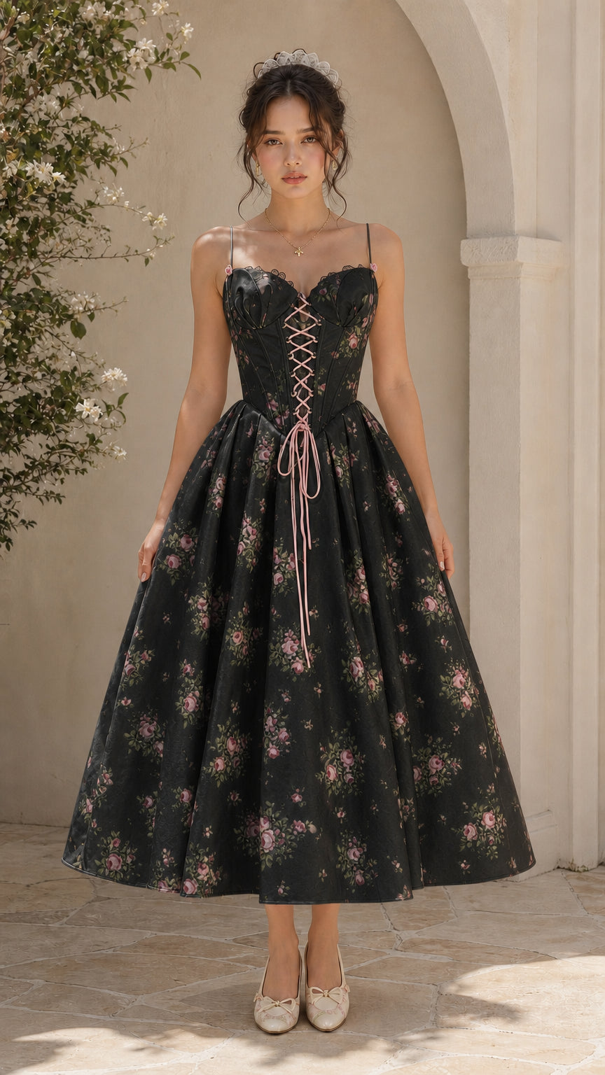 Black floral corset lace-up midi dress on model