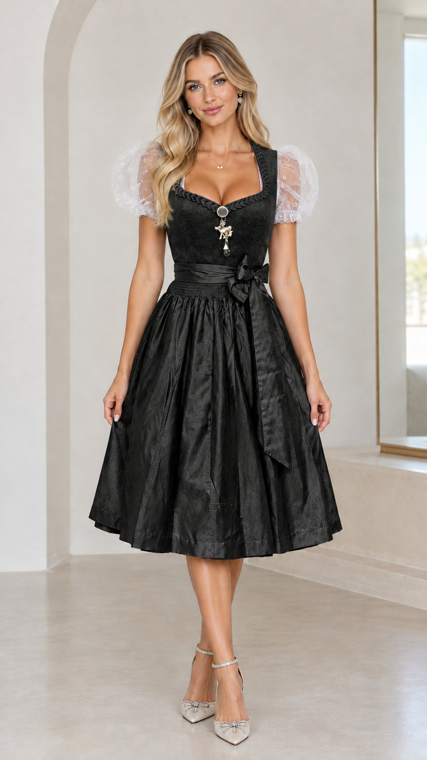 Front view of model wearing black dirndl dress with sheer white puff sleeves