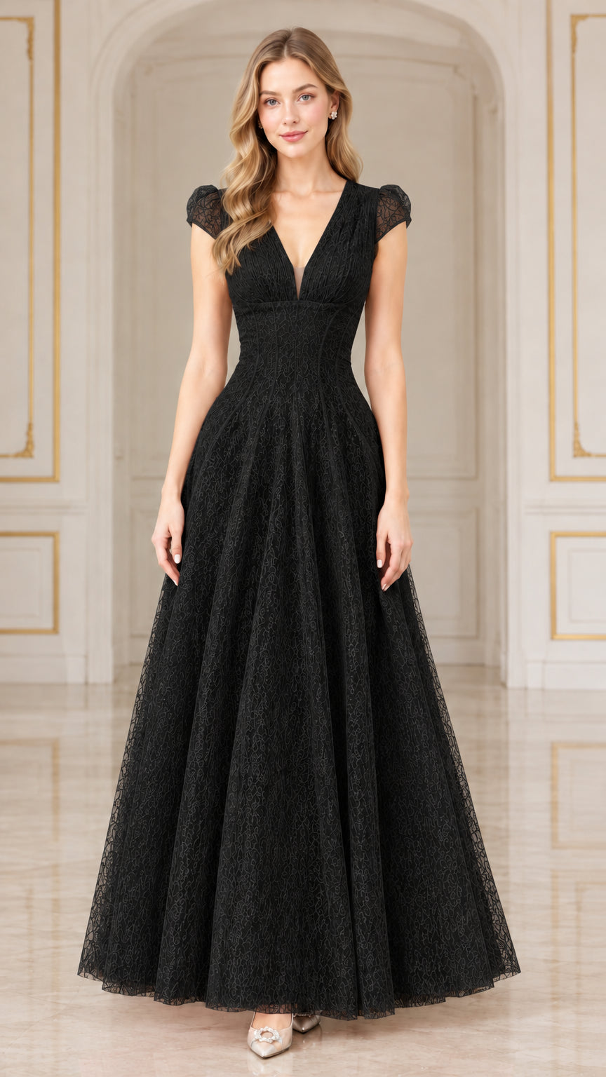 Front view of black lace V-neck A-line maxi formal gown