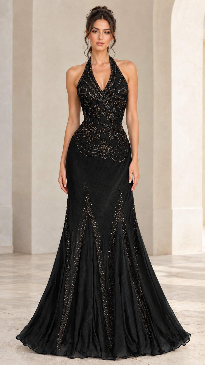 Front view of black beaded halter neck formal maxi dress