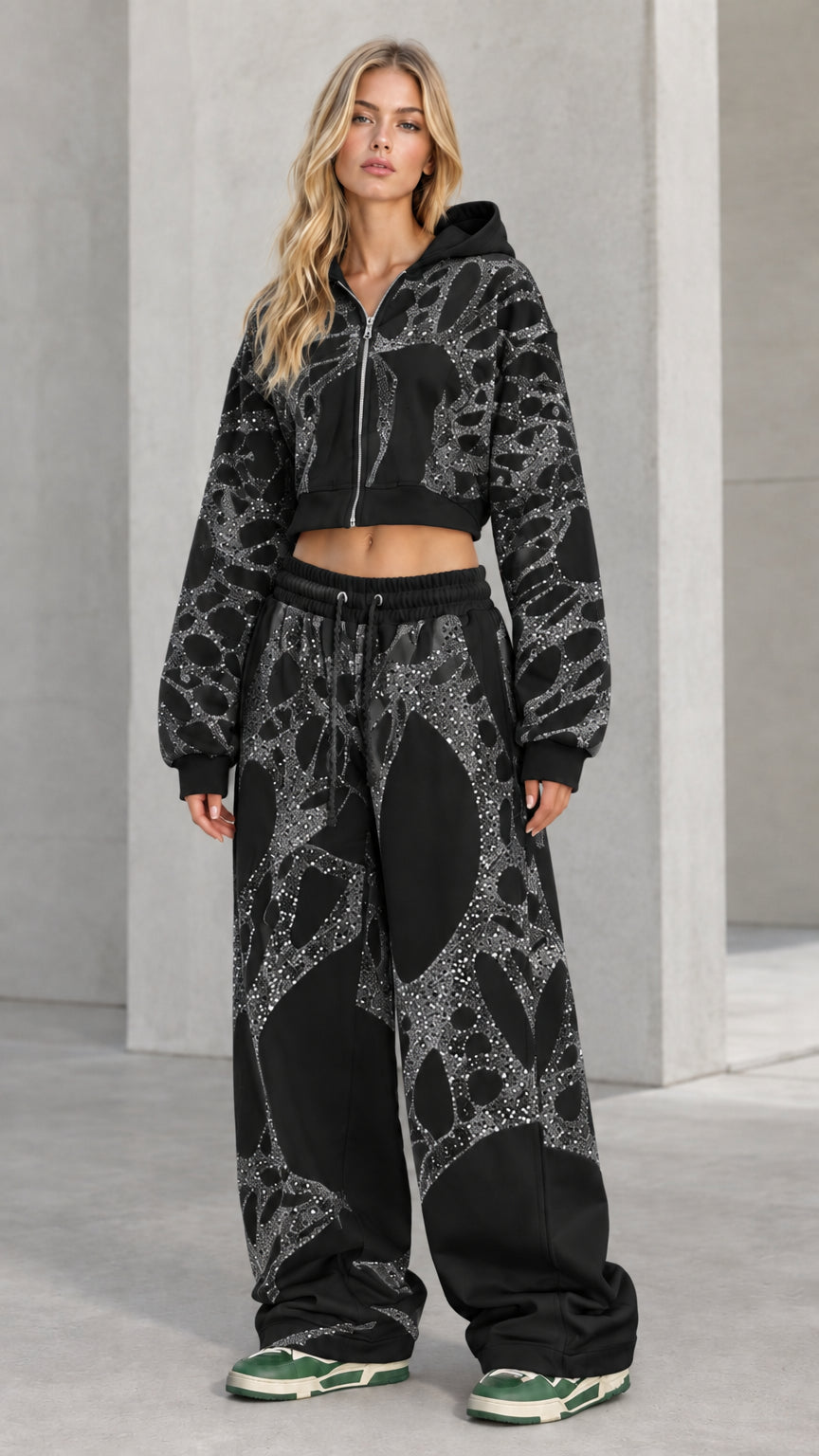 Full-body view of model wearing Black rhinestone cropped hoodie and sweatpants set