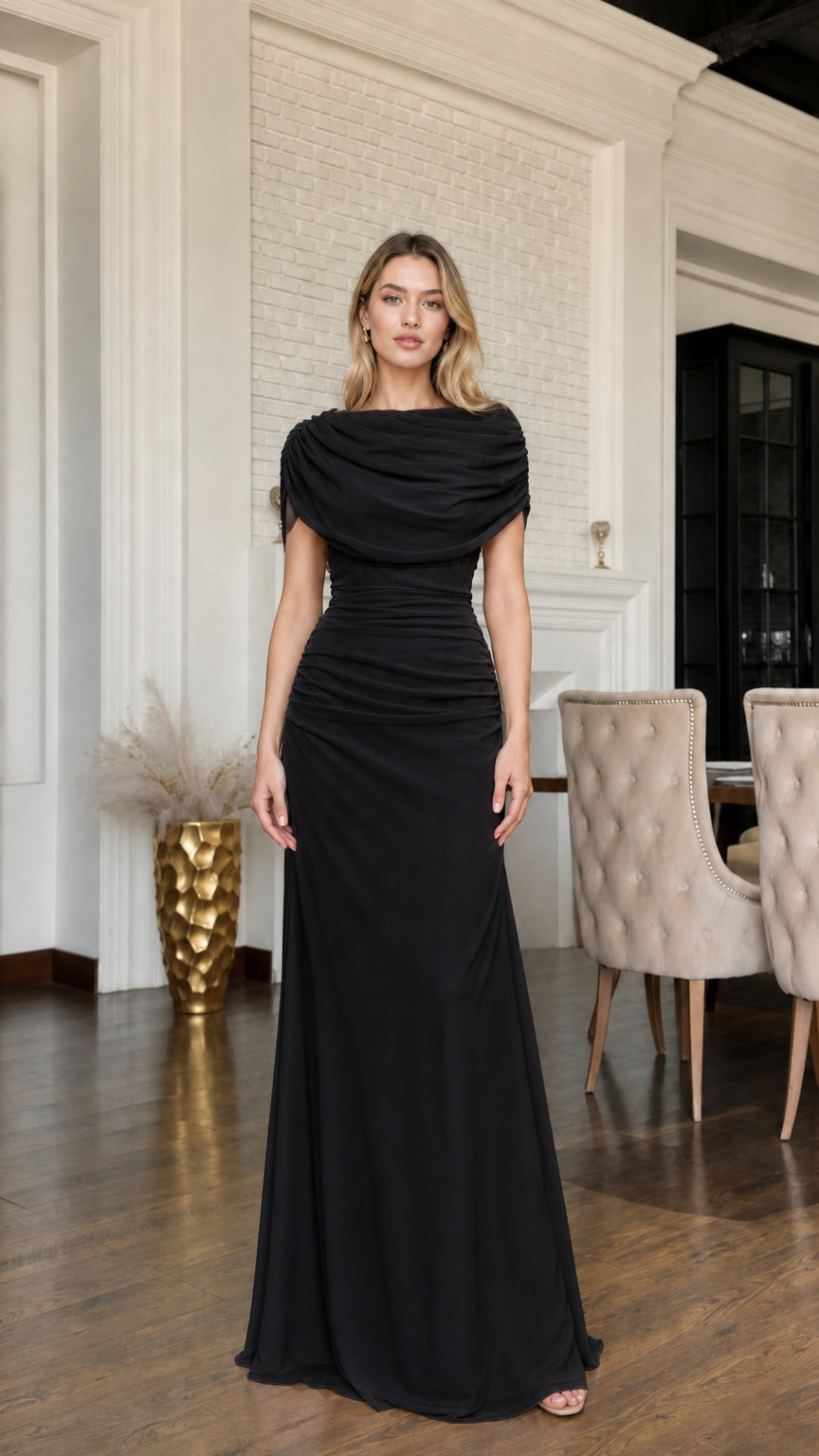 Full front view of black cowl neck ruched formal maxi dress