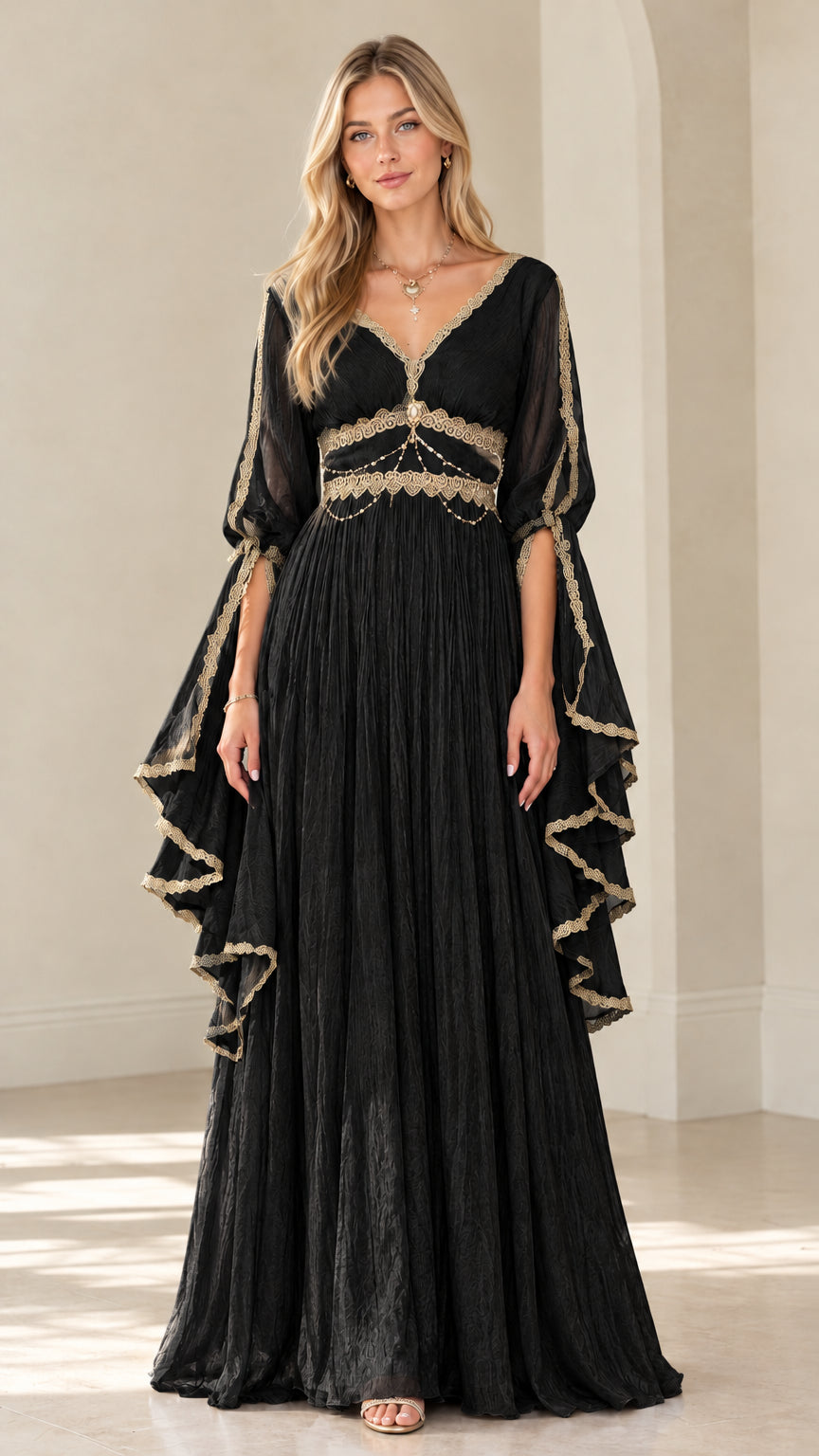 Front view of woman wearing Black Renaissance maxi dress with gold trim