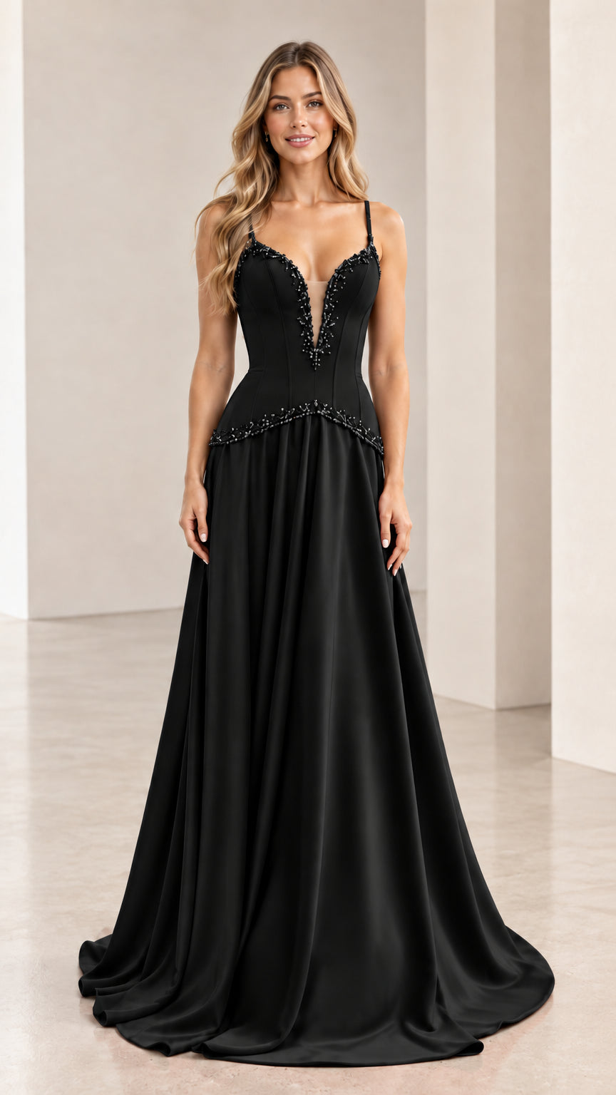 Front view of model wearing black beaded plunge neckline formal gown