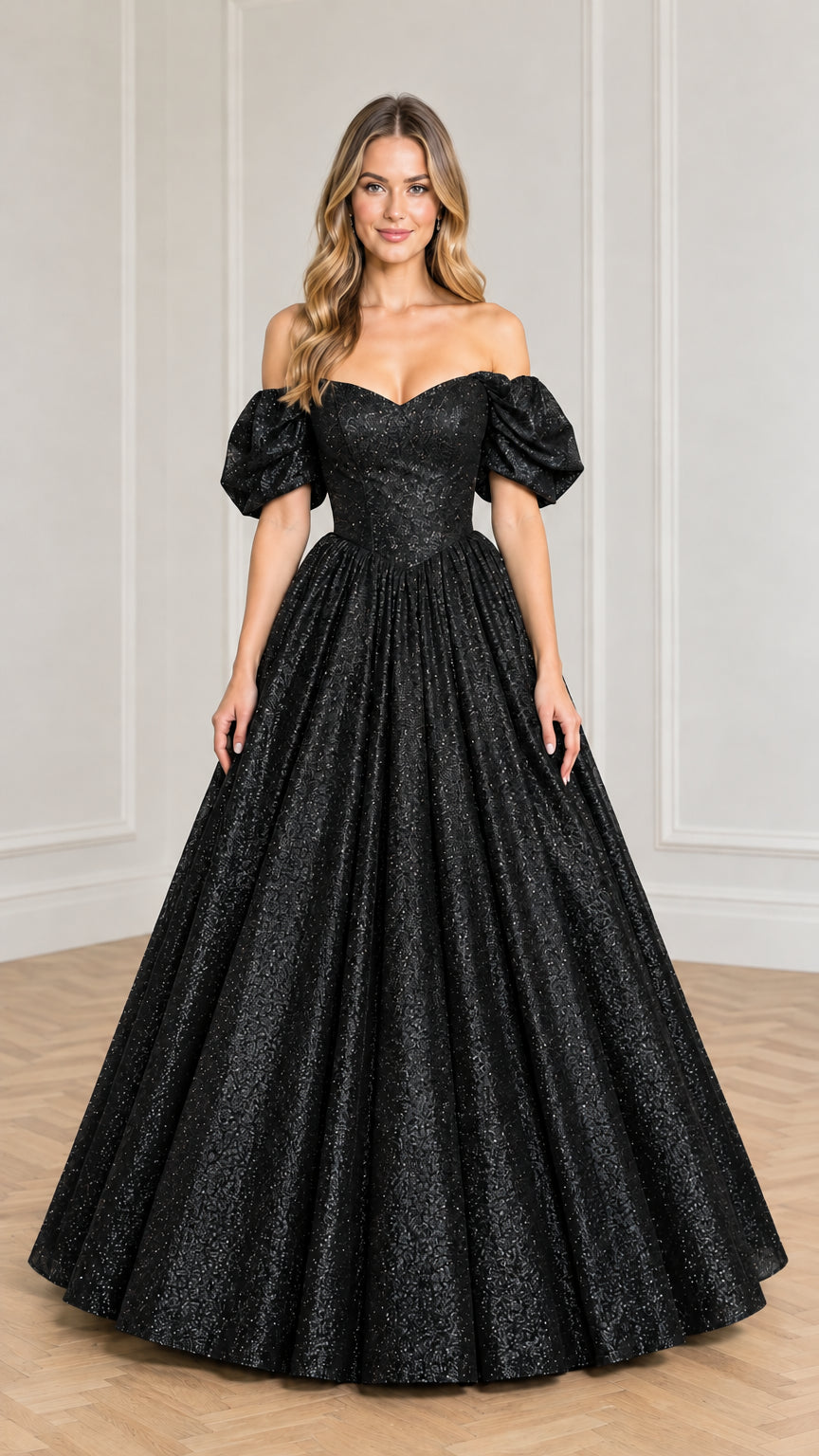 Front view of model wearing black glitter off-shoulder puff sleeve ball gown