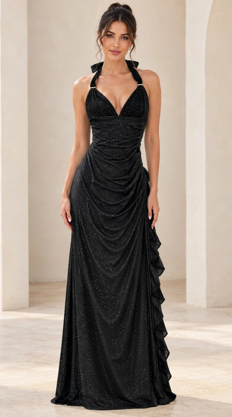 Black shimmering halter maxi dress with gathered ruching