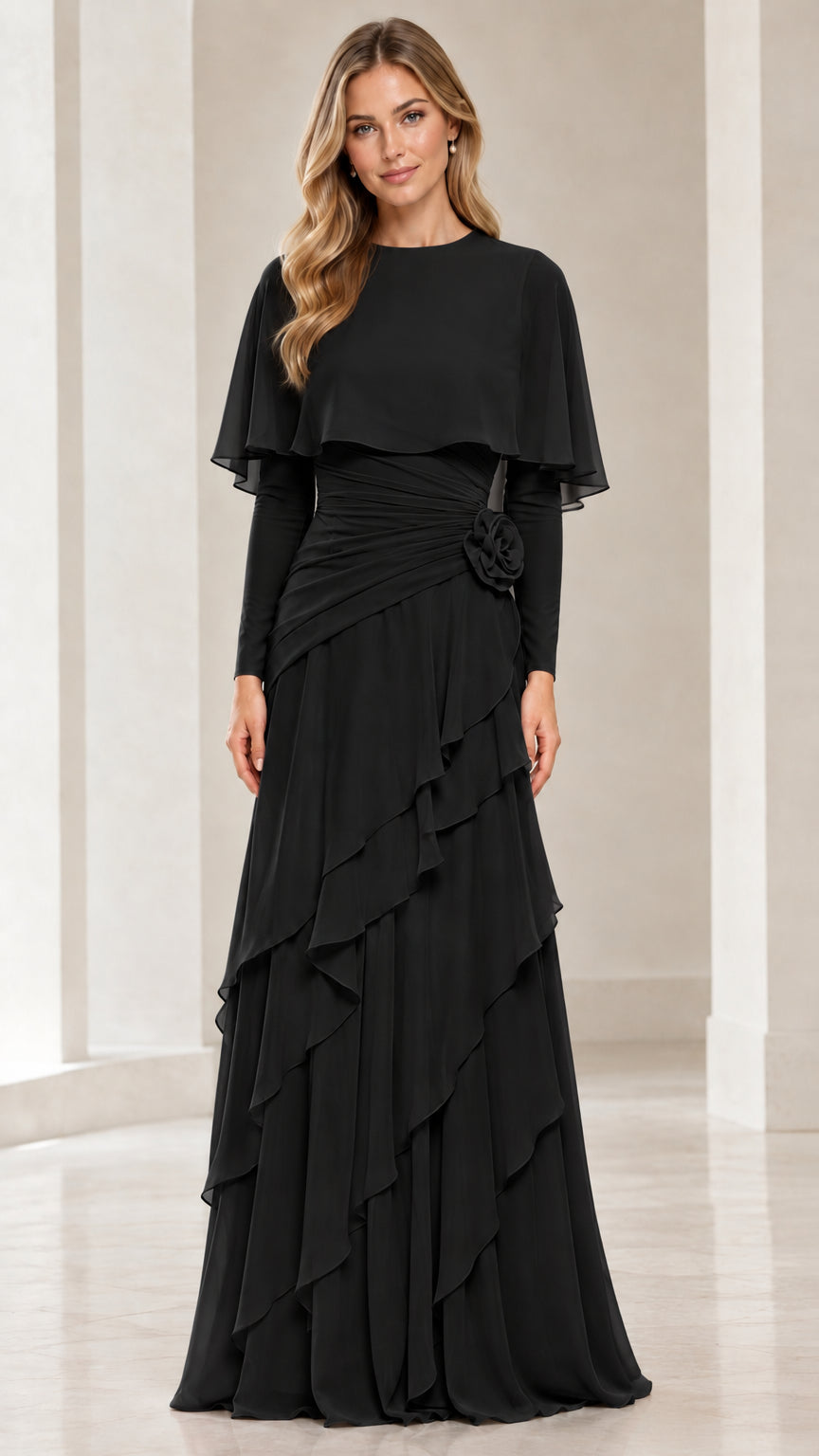 Black long-sleeve capelet tiered ruffle formal maxi dress