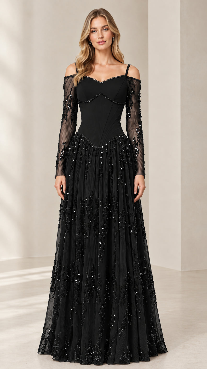Black cold-shoulder sequin corset evening gown on model