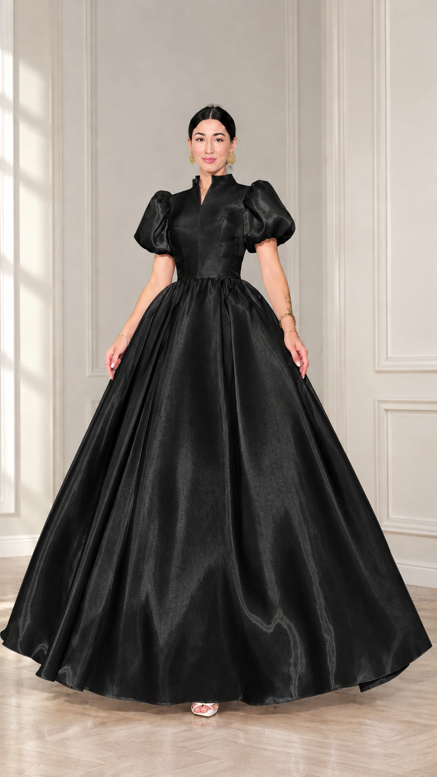 Black puff sleeve high neck satin formal ball gown
