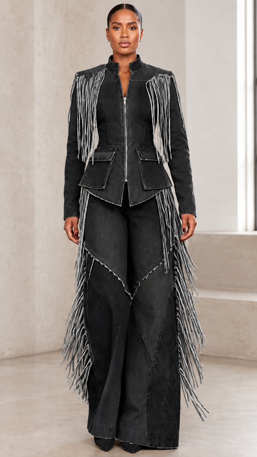 Full front view of black denim fringe jacket and wide-leg pants two piece set
