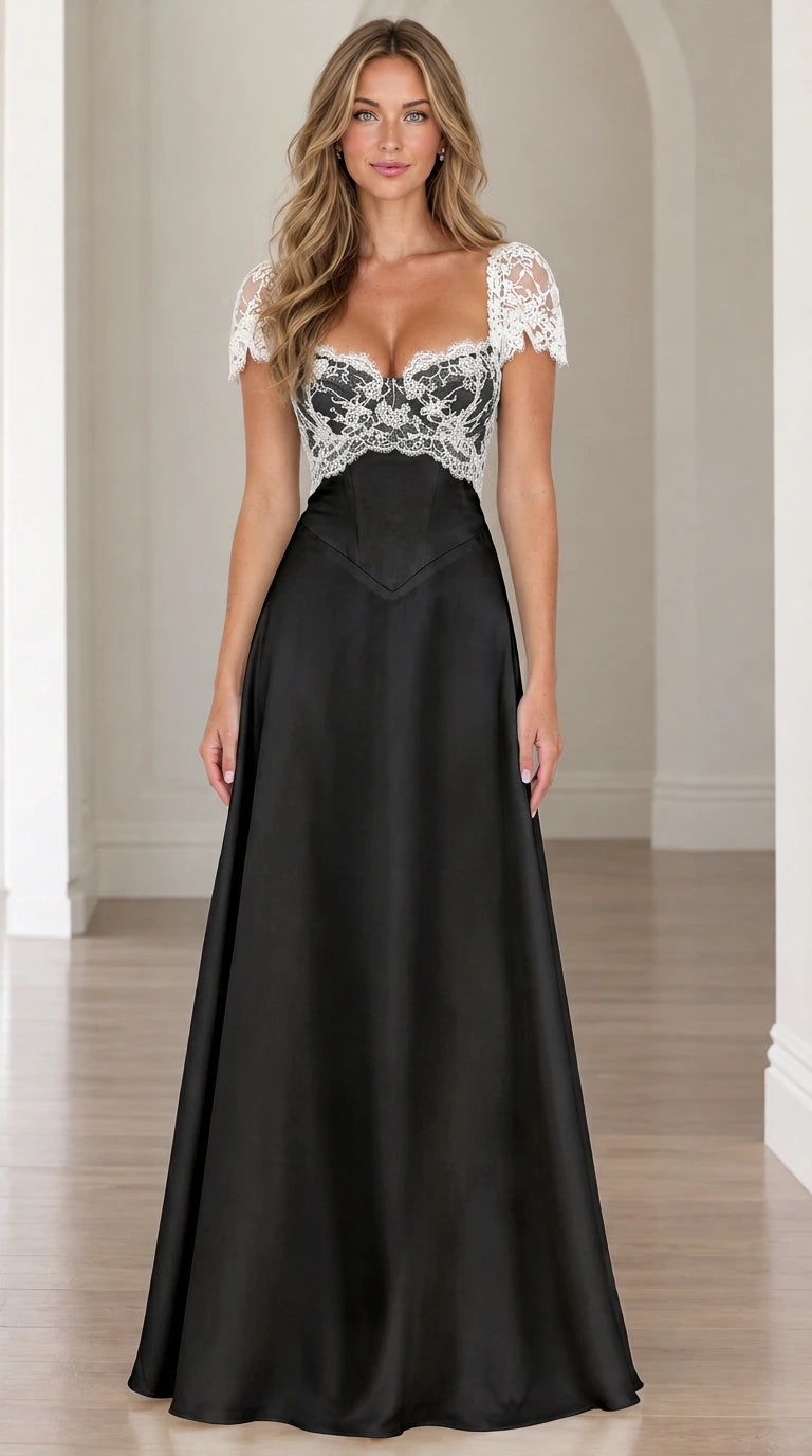 Front view of black satin evening maxi dress with contrasting white lace sweetheart bodice