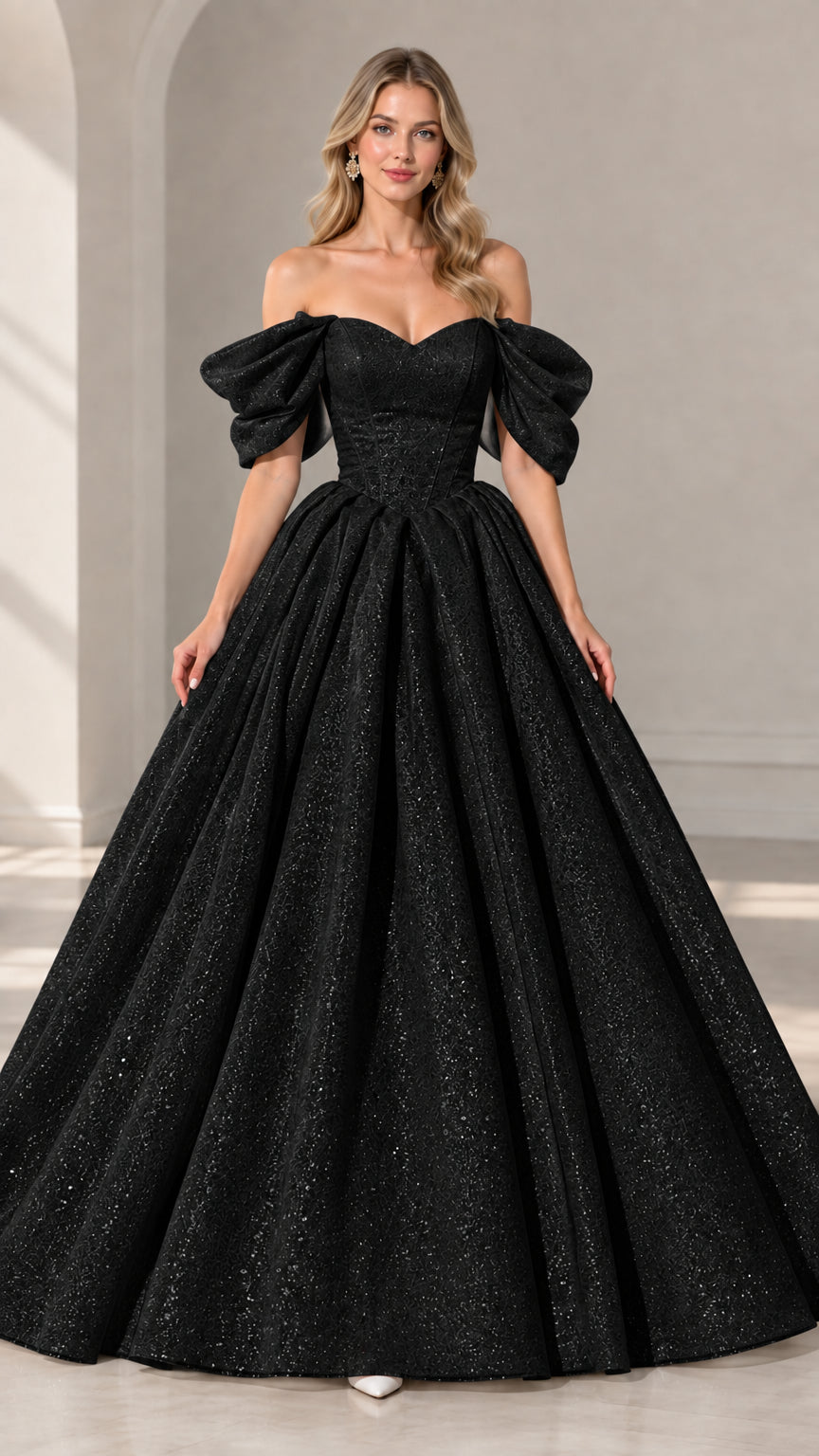 Full-length view of model in black off-shoulder glitter evening ball gown