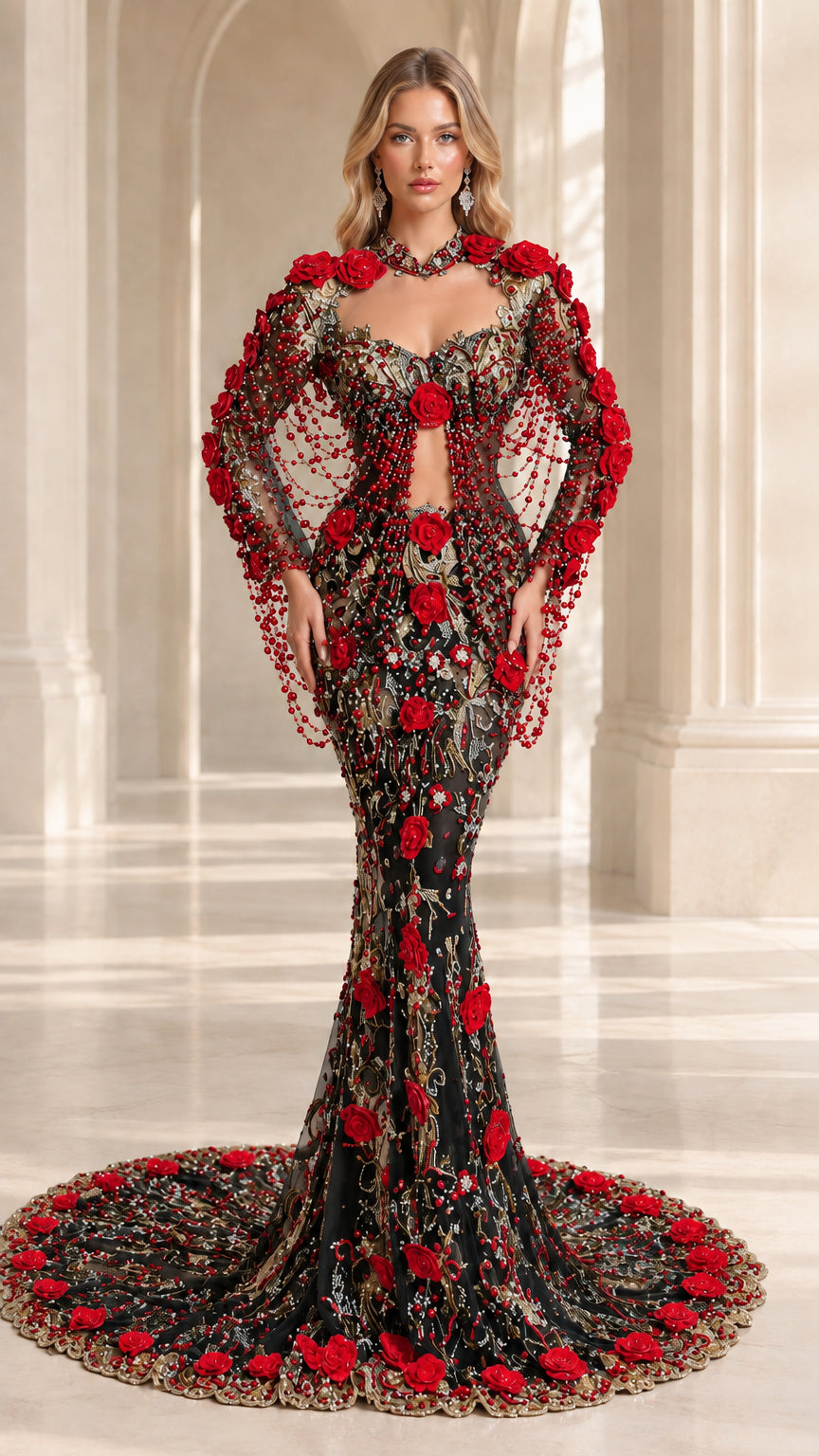 Black beaded mermaid evening gown adorned with 3D red roses and capelet