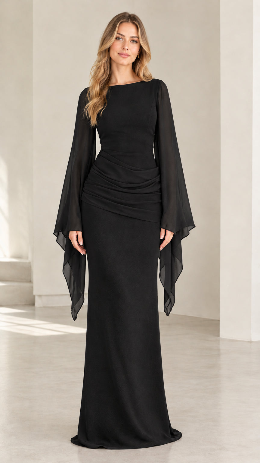 Model wearing black long flare sleeve ruched waist formal maxi gown