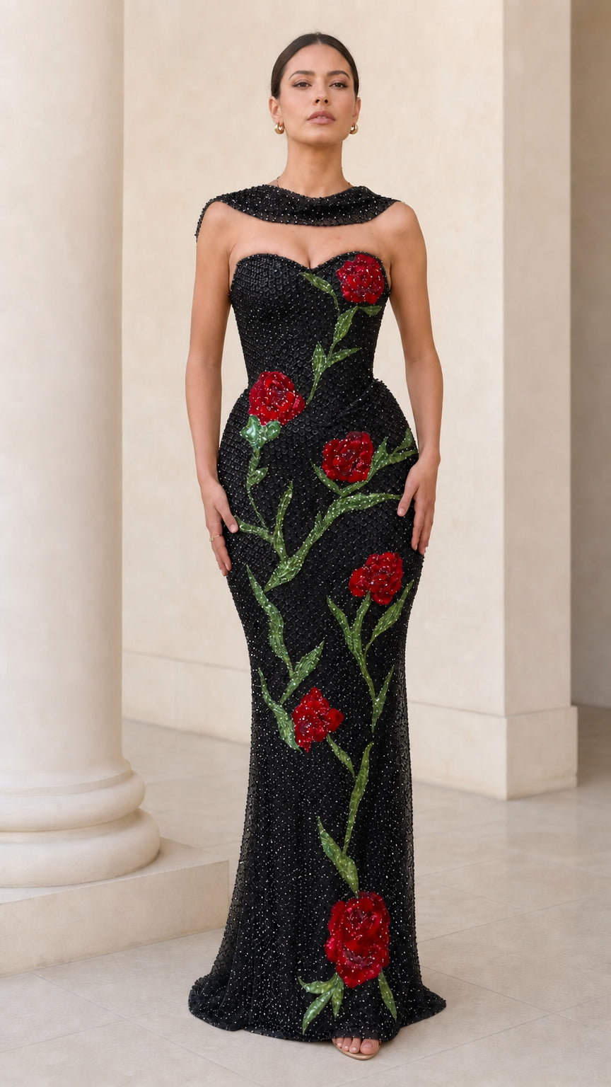 Front view of model wearing Black sequin evening gown with red floral motif