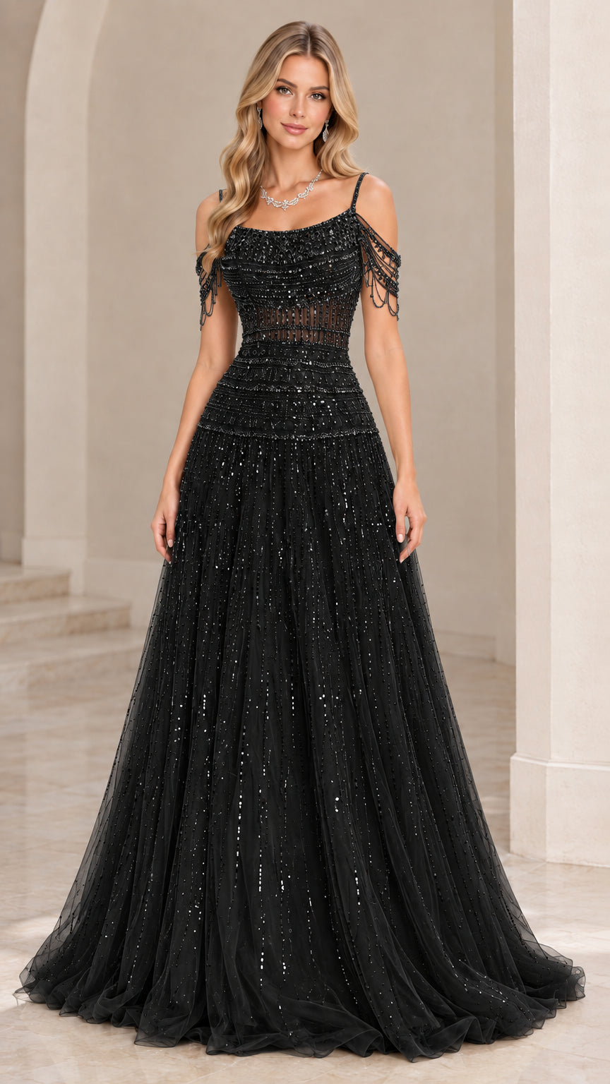 Front view of black beaded cold-shoulder A-line evening gown