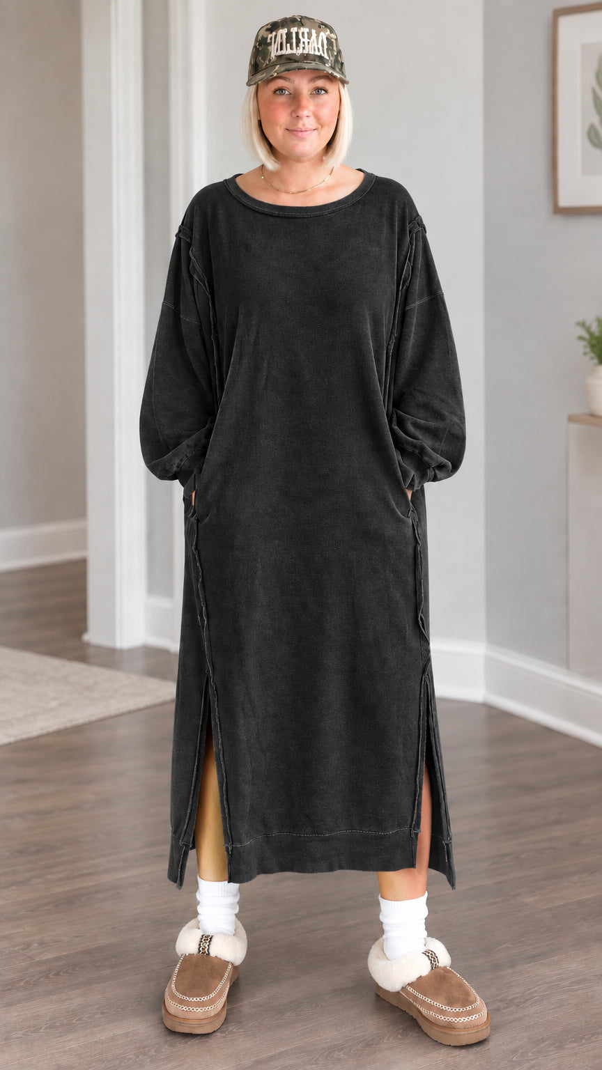Front full view of the relaxed maxi sweatshirt dress in washed black