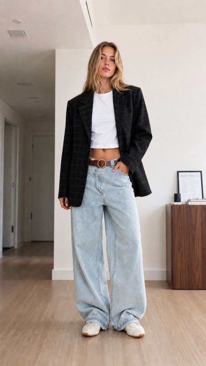 Model wearing black plaid oversized single-breasted blazer