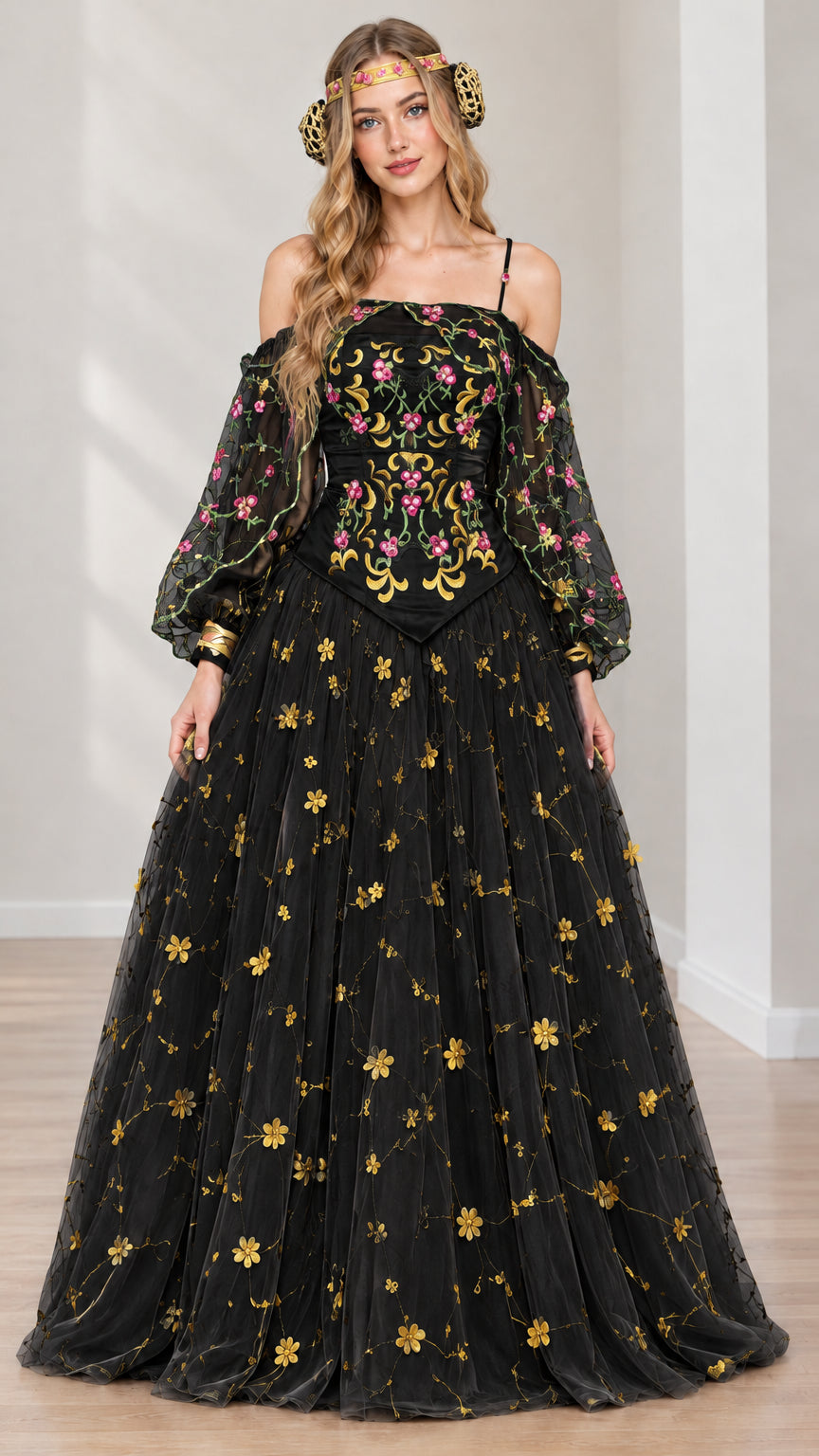 Full-length black Renaissance ballgown with golden and multi-color floral embroidery