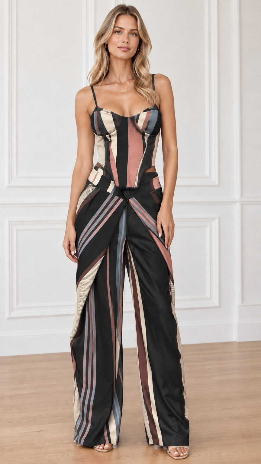 Front full view of woman wearing Black Multicolor striped corset top and wide-leg trousers set