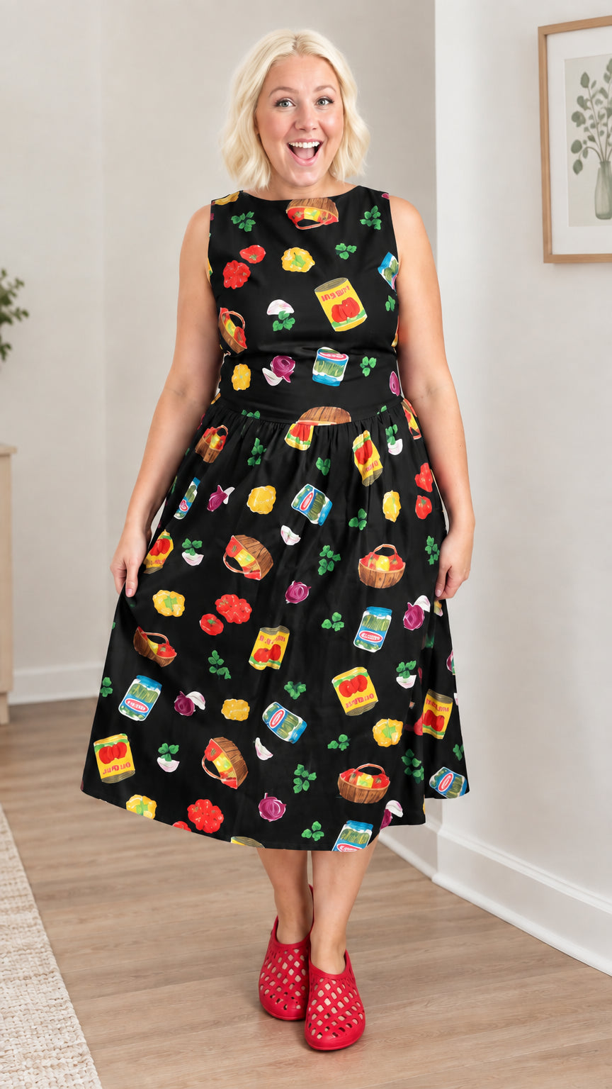 Black novelty market produce print sleeveless midi swing dress