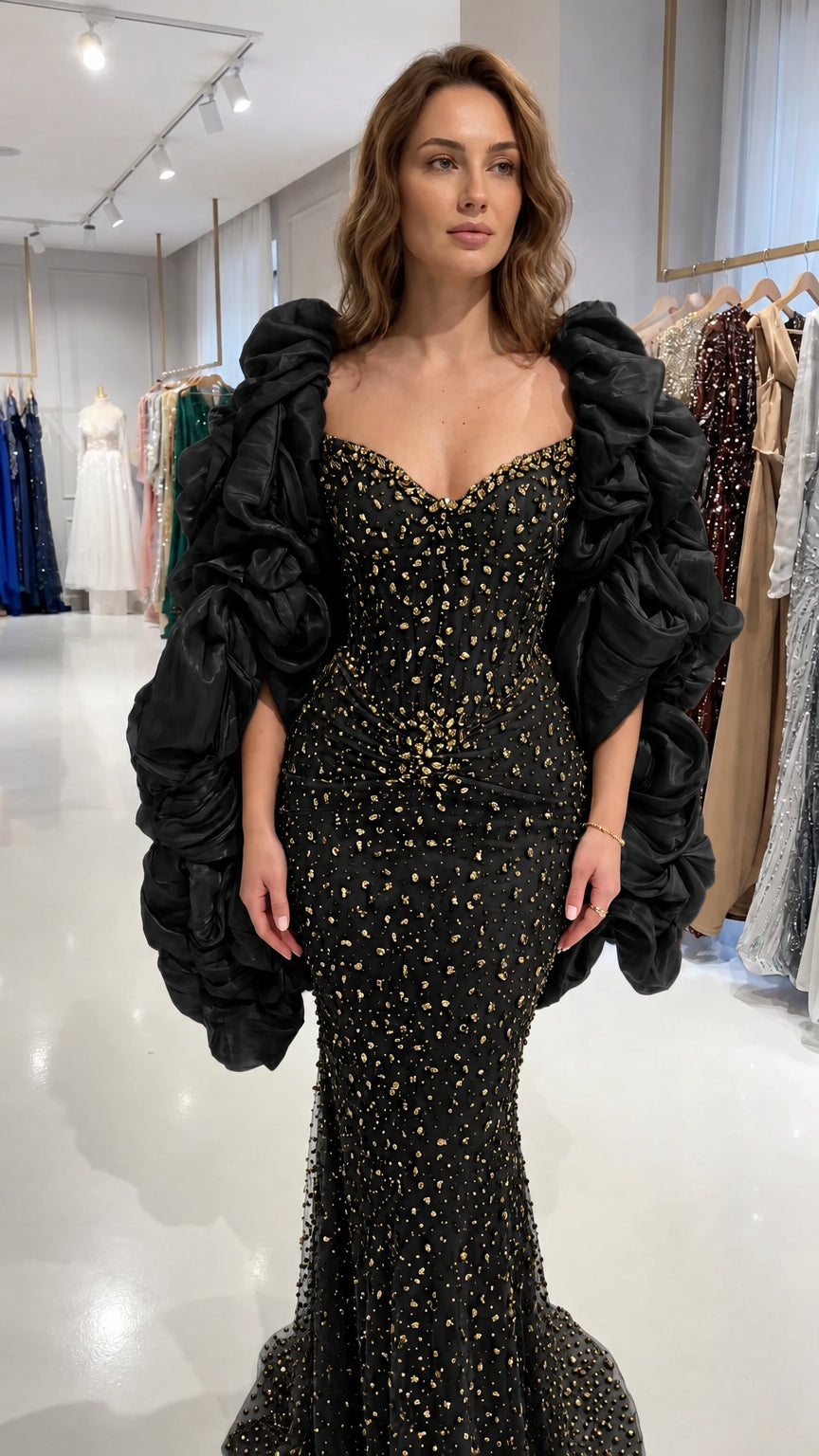 Black sweetheart embellished mermaid evening gown with oversized tiered ruffle sleeves on model front view
