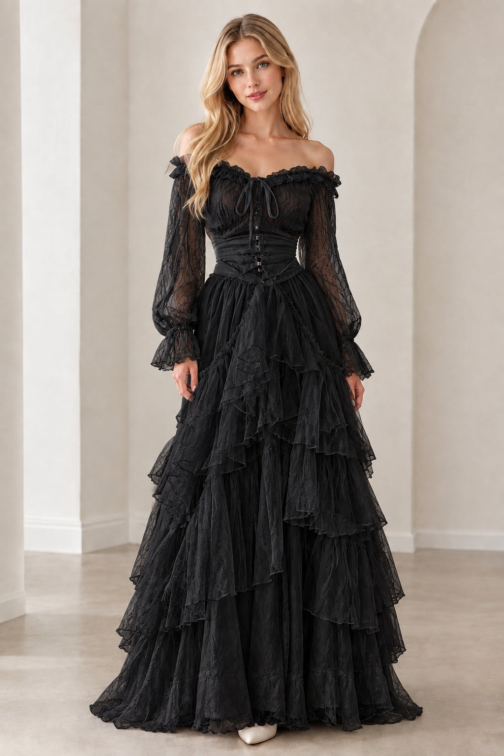Black off-shoulder corset tiered maxi dress