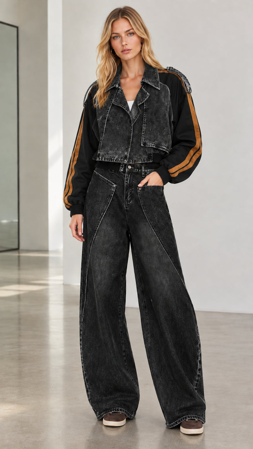 Model wearing washed black denim cropped jacket and wide-leg pants two-piece set