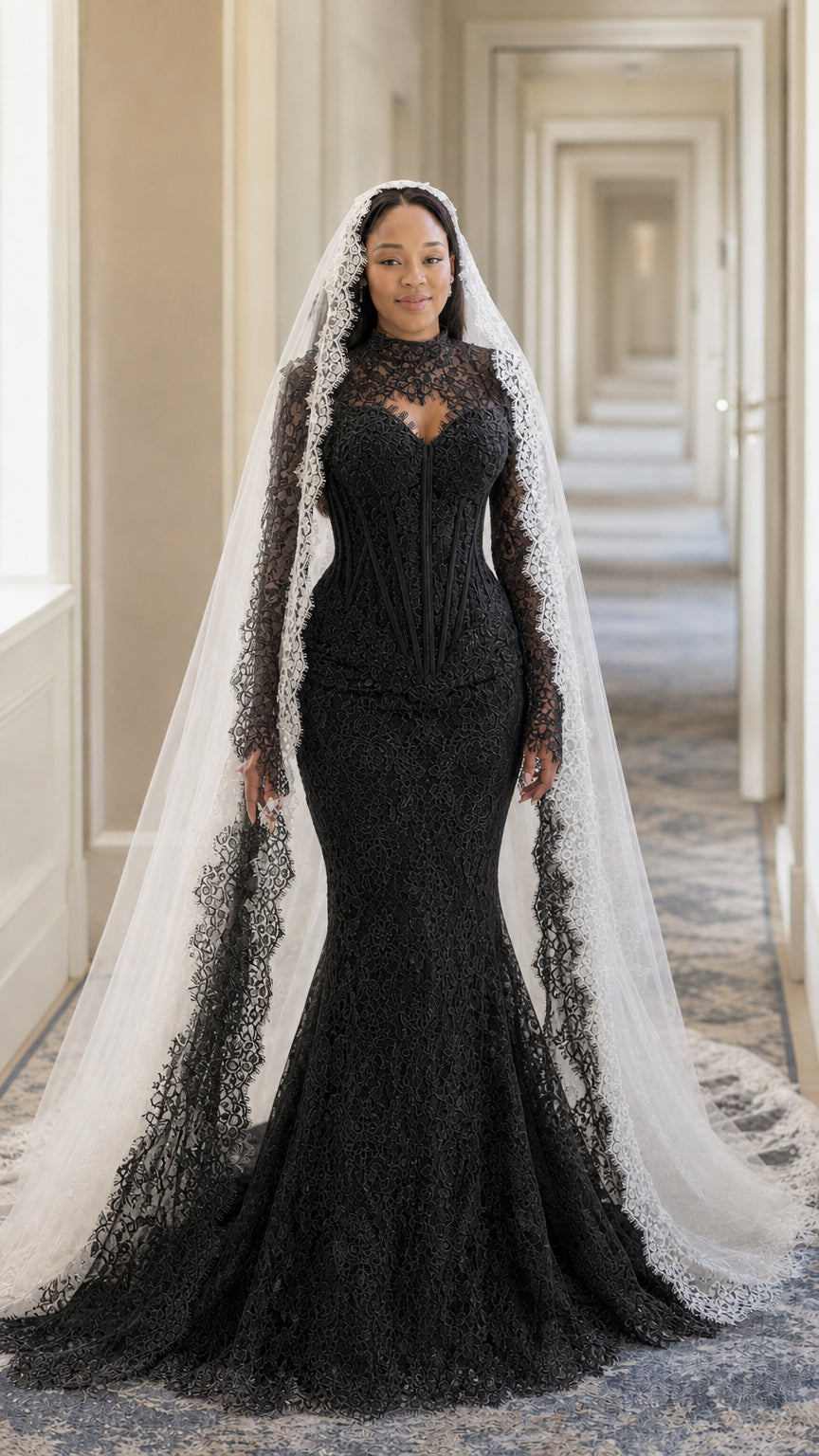 Black gothic lace mermaid evening gown with long sleeves and cathedral veil