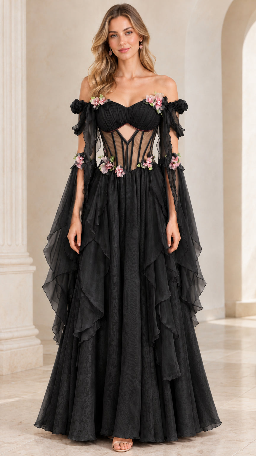 Front view of black off-the-shoulder corset evening gown with tiered ruffles
