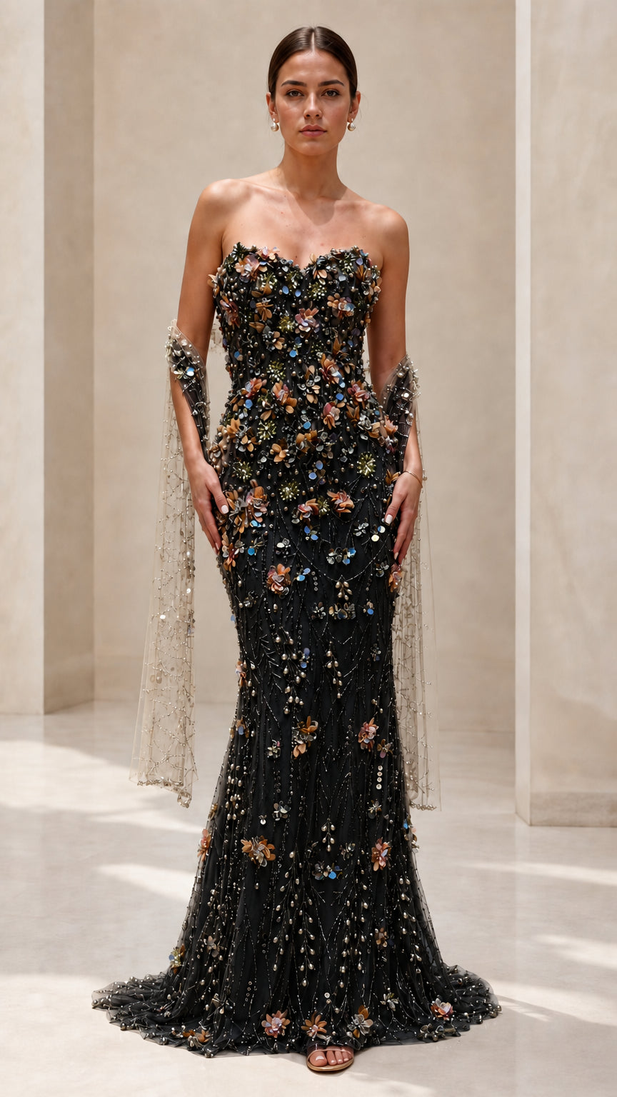 Black strapless 3D floral beaded mermaid formal evening gown